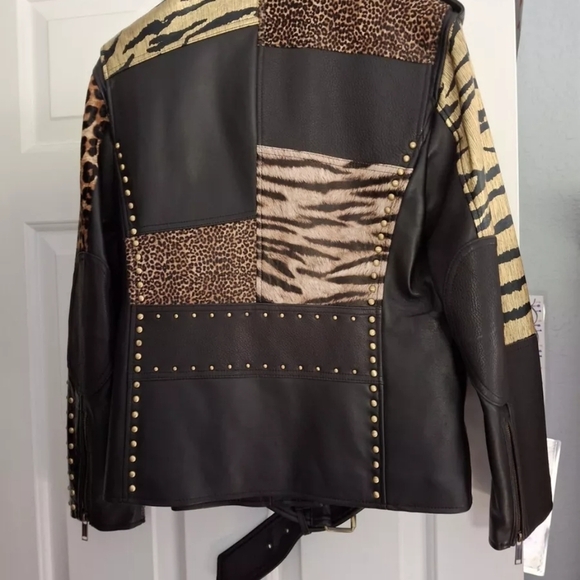 Michael Kors Leather Belt Jacket Chettah Animal Print Fur Studded Biker Jacket - Picture 2 of 16